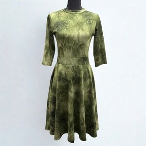 Wall St Tie Dye‎ Green A-Line Midi Dress 3/4 Sleeve Women's Size M